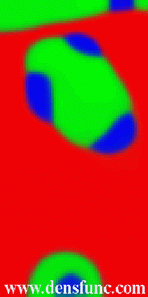 Трехфазное течение: всплытие капель легкой жидкости (синяя и зеленая фазы) в тяжелой жидкости (красная фаза)